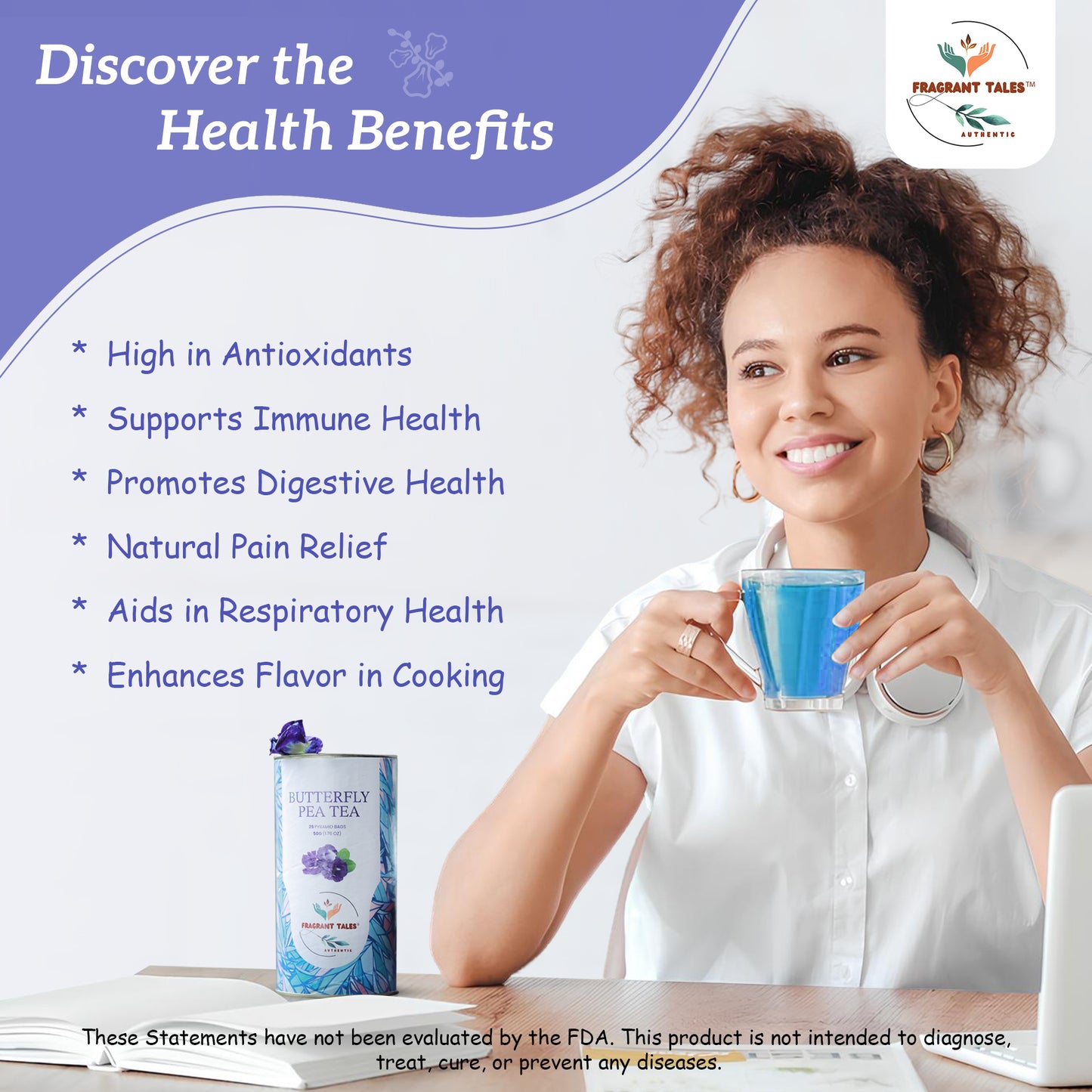 FRAGRANT TALES BLUE TEA - Butterfly Pea Tea, 50g, 25 Pyramid Bags, Natural Herbal Tea, Caffeine Free, Preservative Free