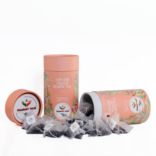 Ceylon Peach Black Tea - 30 Pyramid Bags | Fragrant Tales Exquisite Blend of Bold Premium Bold Ceylon Tea with Juicy Peach Flavor, 60g