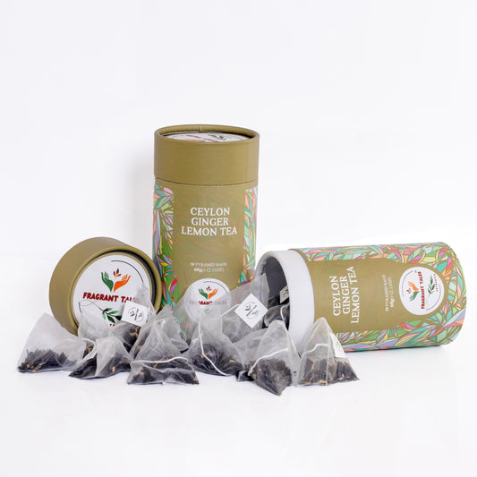 Ceylon Ginger Lemon Black Tea - 30 Pyramid Bags | Fragrant Tales Exquisite Blend of Bold Premium Ceylon Tea with Juicy Ginger Lemon Flavor, 60g