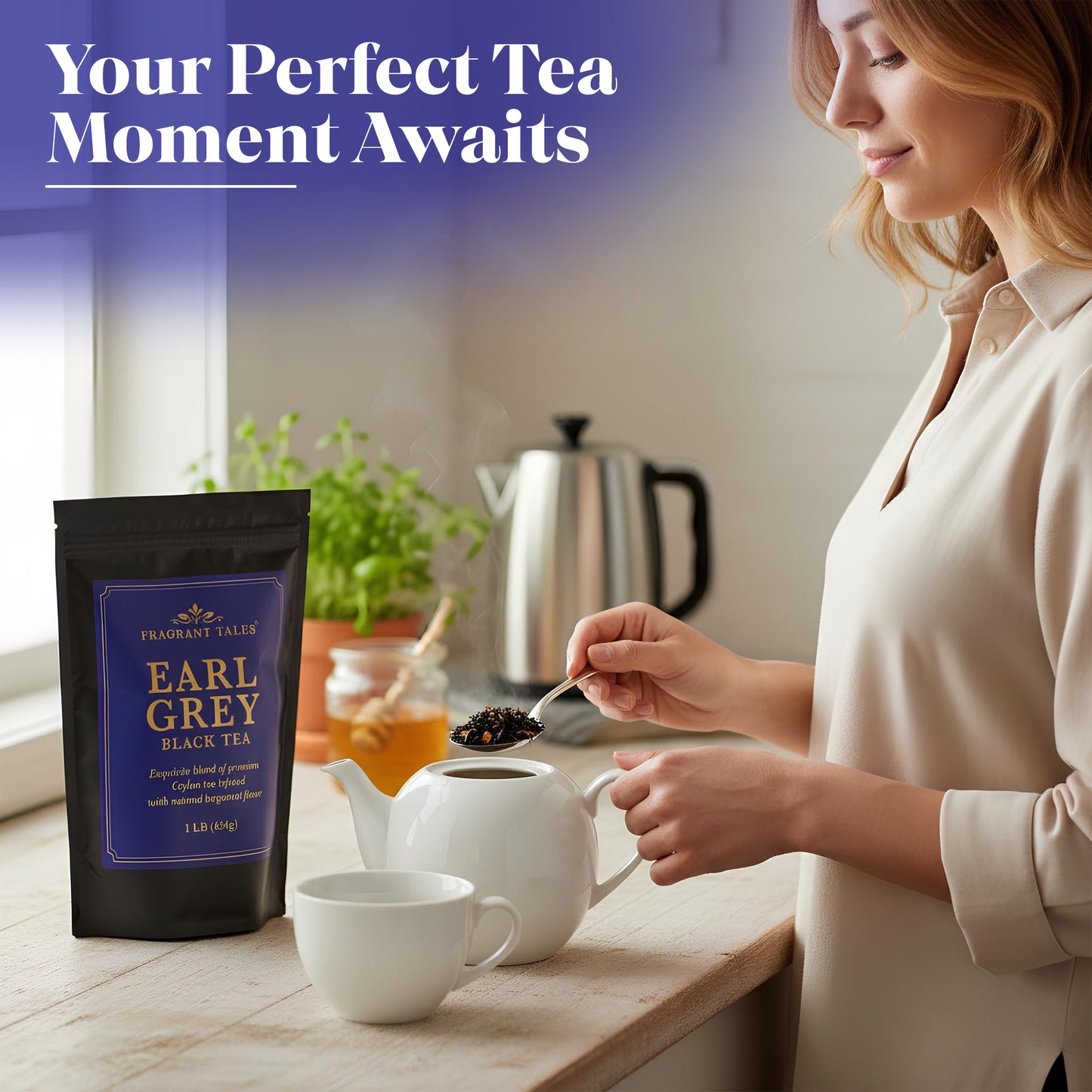 Fragrant Tales Earl Grey Black Tea | Premium Ceylon Loose Leaf Tea with Natural Bergamot Aroma | 1LB (454g) Freshly Packed in Resealable Pouch