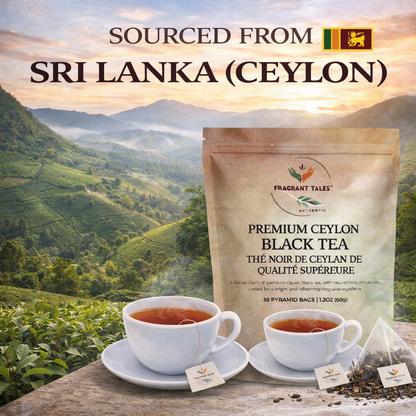 Premium Ceylon Black Tea | 60g (2.12 oz) – 30 Pyramid Tea Bags | Whole Leaf Ceylon Tea from Sri Lanka (Ceylon) | Bold & Bright Flavor with Delicate Hints of Fruit & Spice | Fragrant Tales