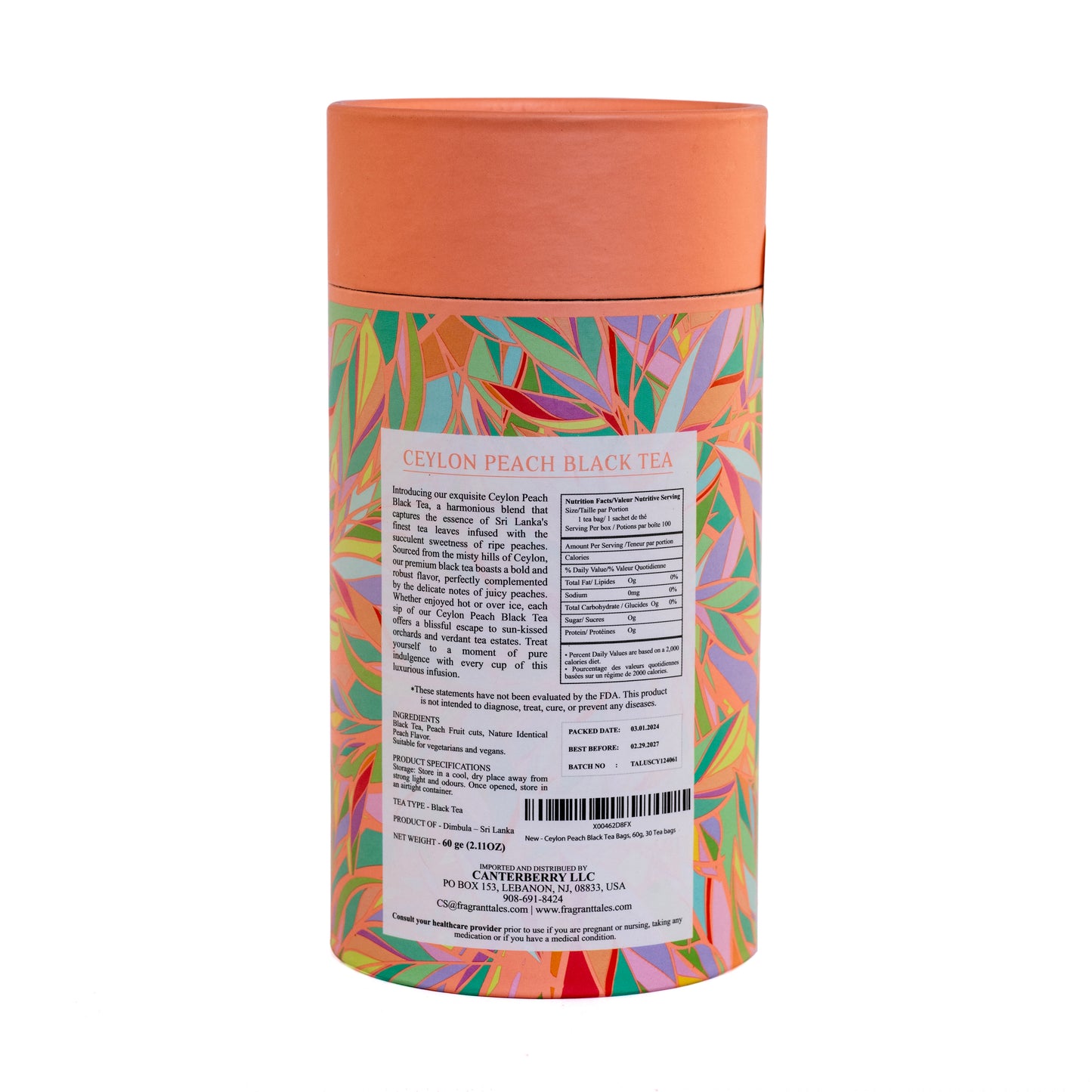 Ceylon Peach Black Tea - 30 Pyramid Bags | Fragrant Tales Exquisite Blend of Bold Premium Bold Ceylon Tea with Juicy Peach Flavor, 60g