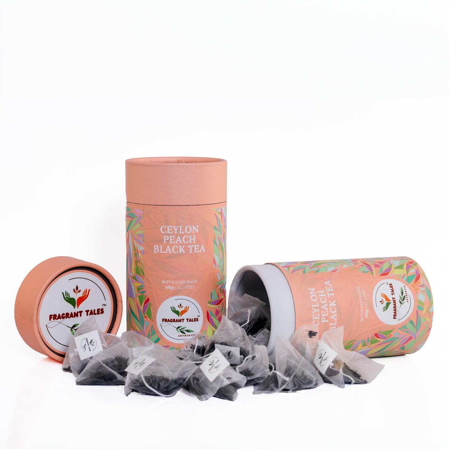 Ceylon Peach Black Tea - 30 Pyramid Bags | Fragrant Tales Exquisite Blend of Bold Premium Bold Ceylon Tea with Juicy Peach Flavor, 60g