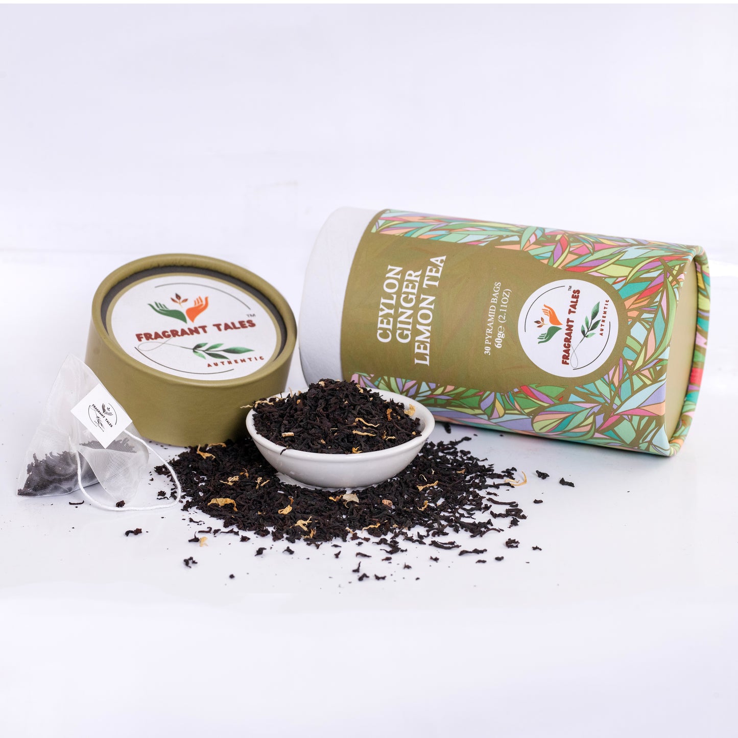 Ceylon Ginger Lemon Black Tea - 30 Pyramid Bags | Fragrant Tales Exquisite Blend of Bold Premium Ceylon Tea with Juicy Ginger Lemon Flavor, 60g