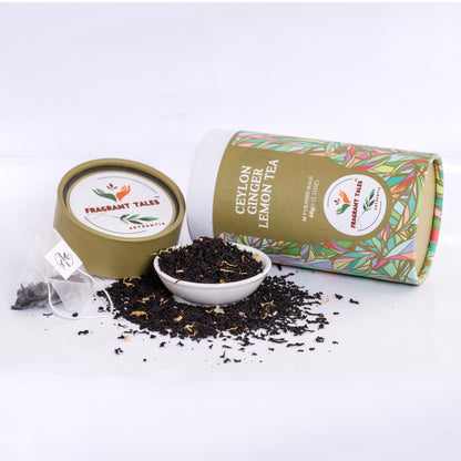 Ceylon Ginger Lemon Black Tea - 30 Pyramid Bags | Fragrant Tales Exquisite Blend of Bold Premium Ceylon Tea with Juicy Ginger Lemon Flavor, 60g