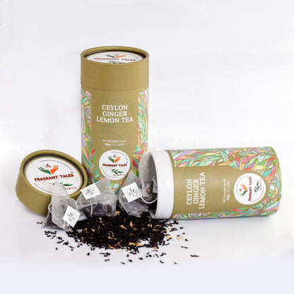 Ceylon Ginger Lemon Black Tea - 30 Pyramid Bags | Fragrant Tales Exquisite Blend of Bold Premium Ceylon Tea with Juicy Ginger Lemon Flavor, 60g