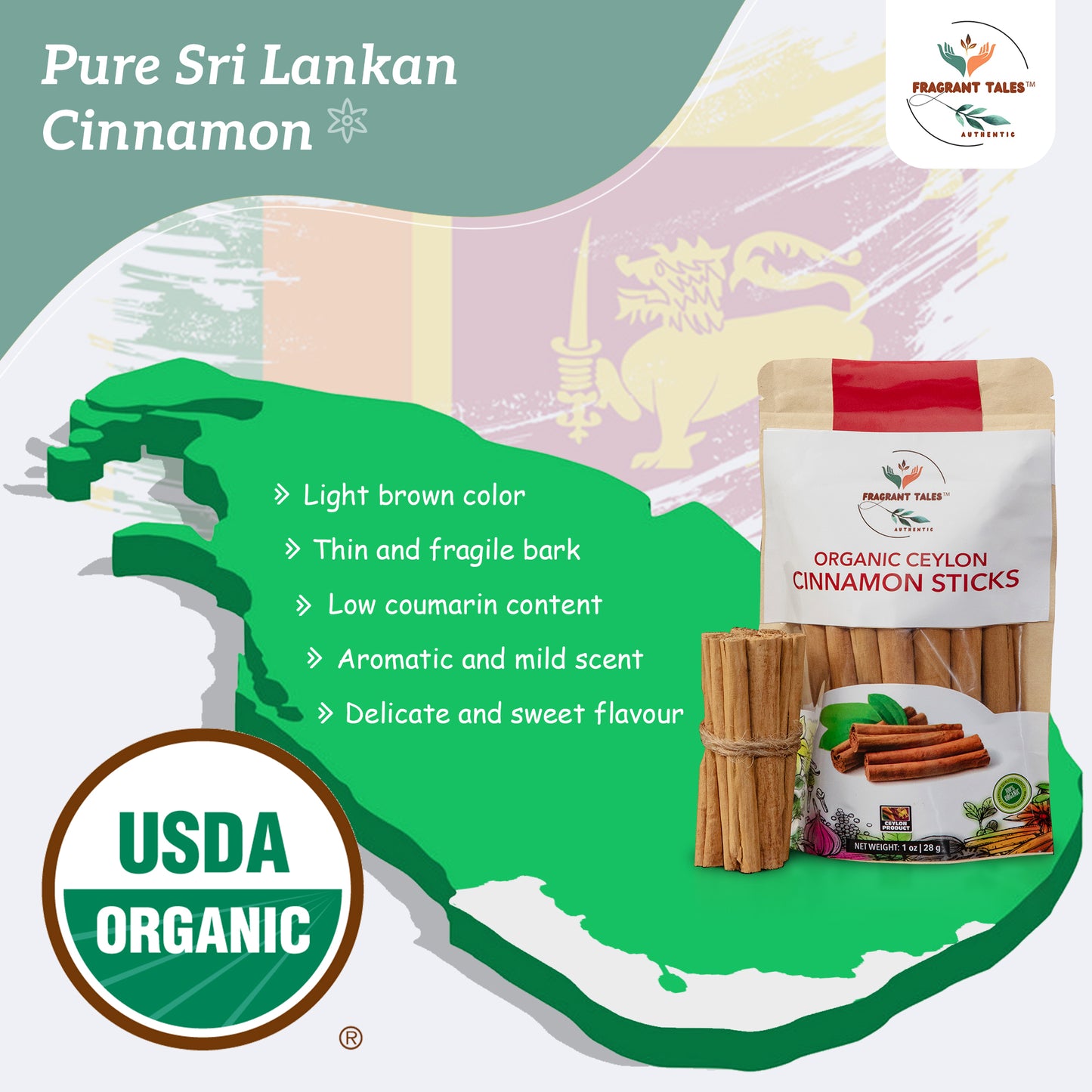 Premium Organic Ceylon Cinnamon Sticks - 2 oz (56g), Grade Alba, (4" cut 20 to 24 sticks) True Ceylon, USDA Certified, Non-GMO, Gluten-Free, Pure Sri Lankan Cinnamon for Cooking, Baking and Brewing.