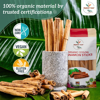 Premium Organic Ceylon Cinnamon Sticks - 2 oz (56g), Grade Alba, (4" cut 20 to 24 sticks) True Ceylon, USDA Certified, Non-GMO, Gluten-Free, Pure Sri Lankan Cinnamon for Cooking, Baking and Brewing.