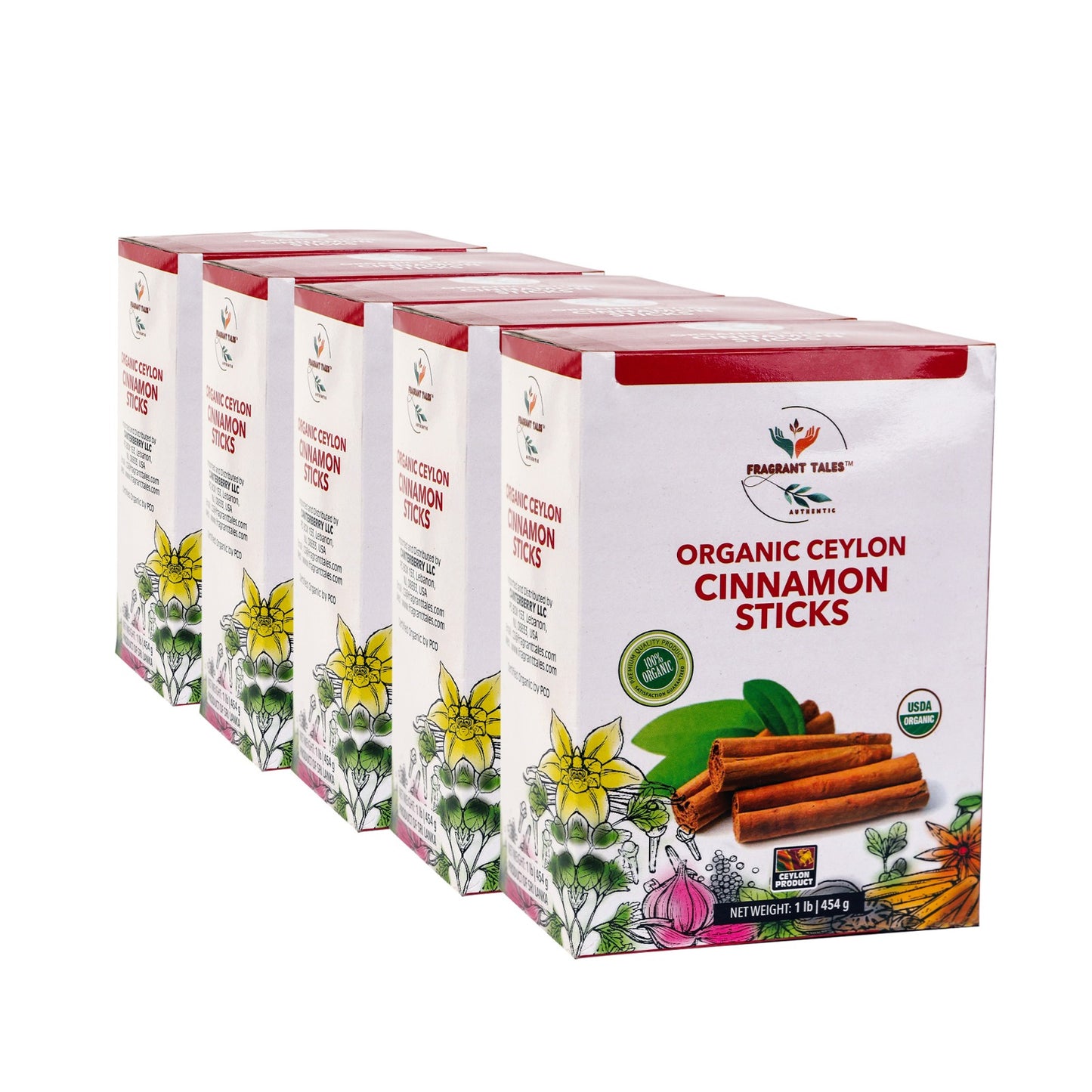 Premium Organic Ceylon Cinnamon Sticks - 5 LB (2268g), 4" Cut, Pack of 5, True Ceylon, USDA Certified, Non-GMO, Gluten-Free, Pure Sri Lankan Cinnamon for Cooking & Baking