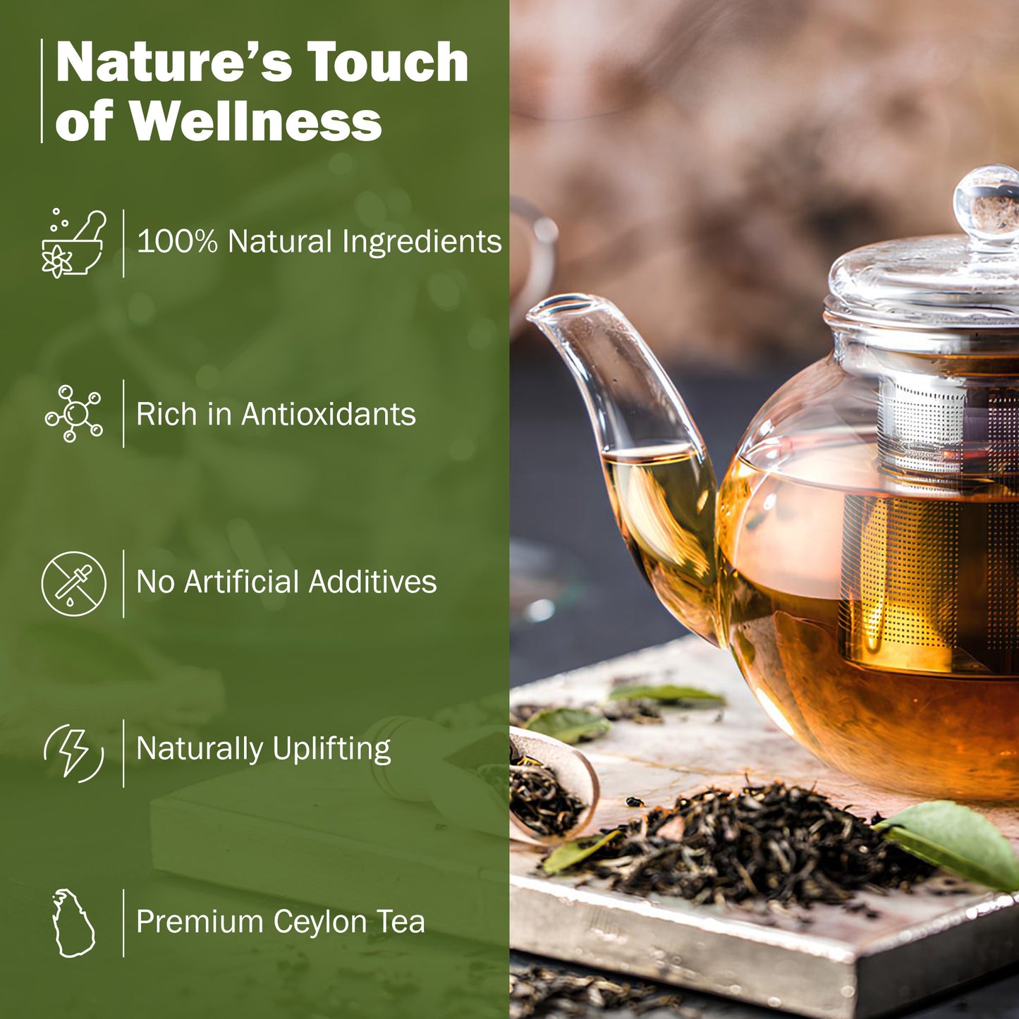 Glass teapot with tea and tea leaves on a wooden board, green background with wellness benefits text.