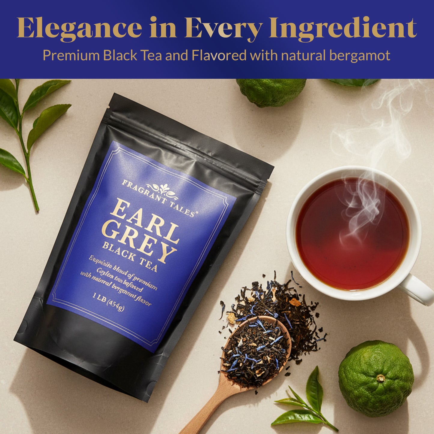 Fragrant Tales Earl Grey Black Tea | Premium Ceylon Loose Leaf Tea with Natural Bergamot Aroma | 1LB (454g) Freshly Packed in Resealable Pouch