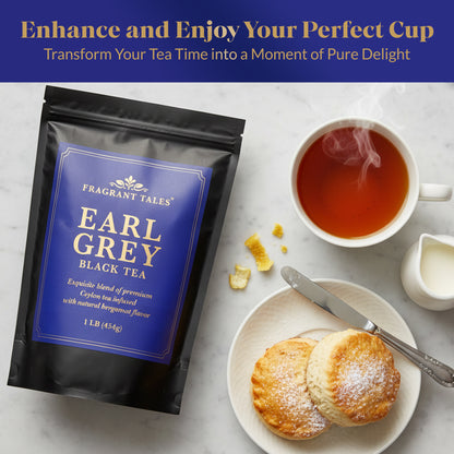 Fragrant Tales Earl Grey Black Tea | Premium Ceylon Loose Leaf Tea with Natural Bergamot Aroma | 1LB (454g) Freshly Packed in Resealable Pouch
