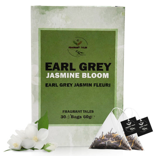 Tea box labeled 'Earl Grey Jasmine Bloom' with tea bags and flowers on a white background