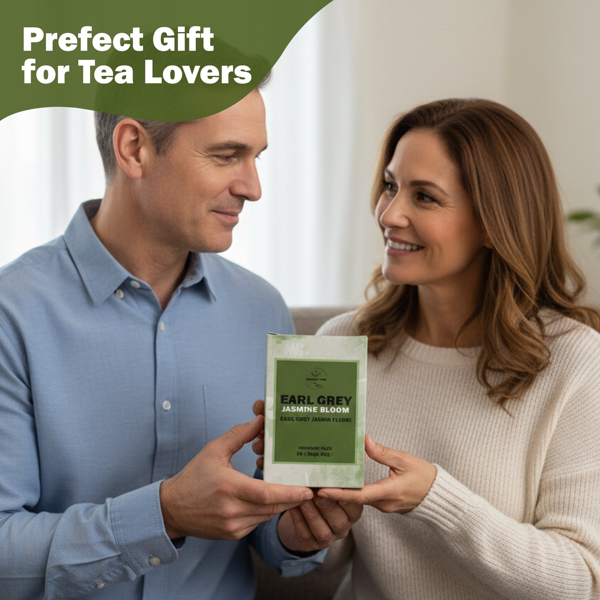 Man and woman holding a package of Earl Grey Jasmine Bloom tea.