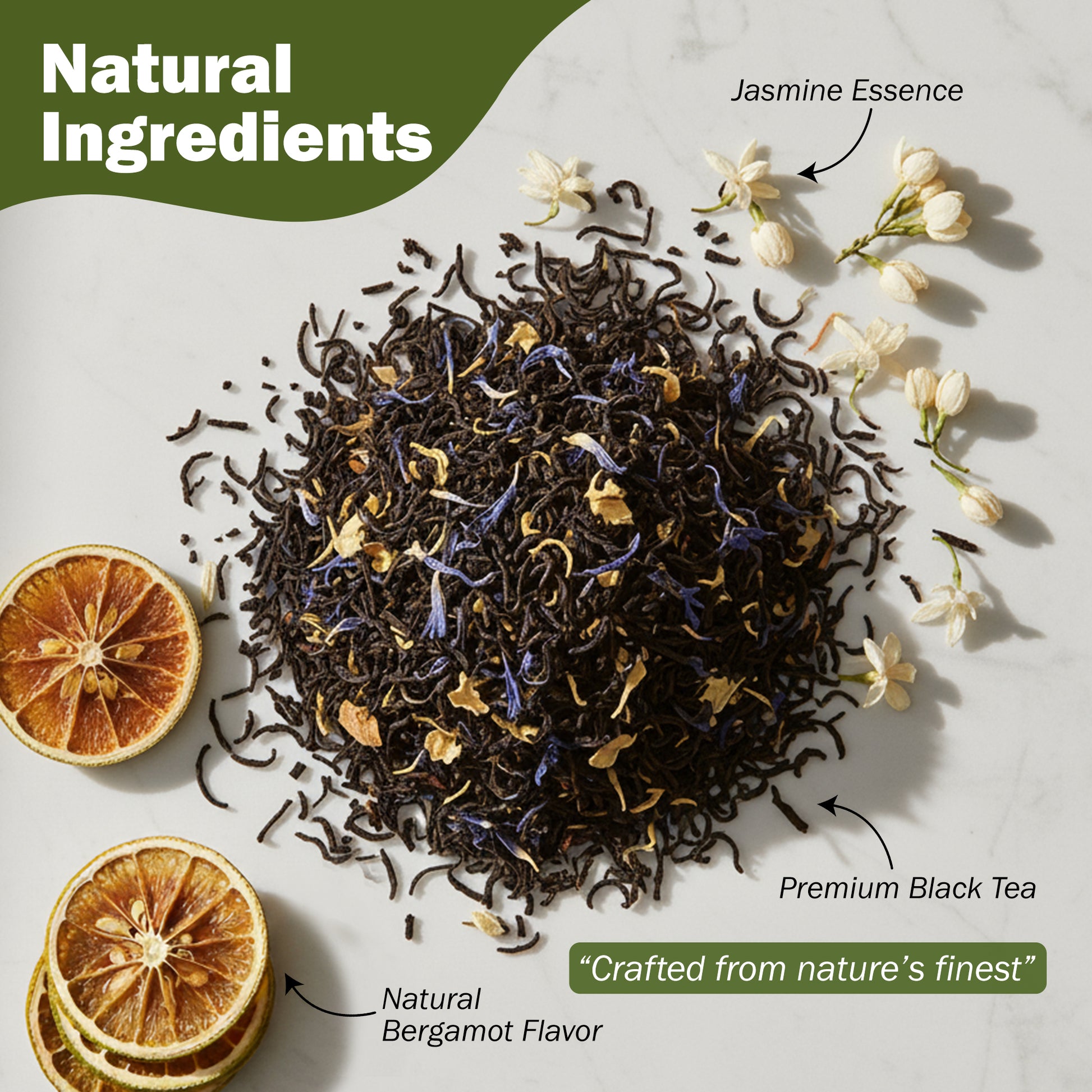 Premium black tea with jasmine essence and natural bergamot flavor on a light background
