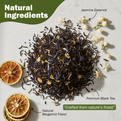 Premium black tea with jasmine essence and natural bergamot flavor on a light background