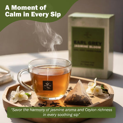Steaming cup of tea on a wooden tray with Earl Grey tea packaging in the background.