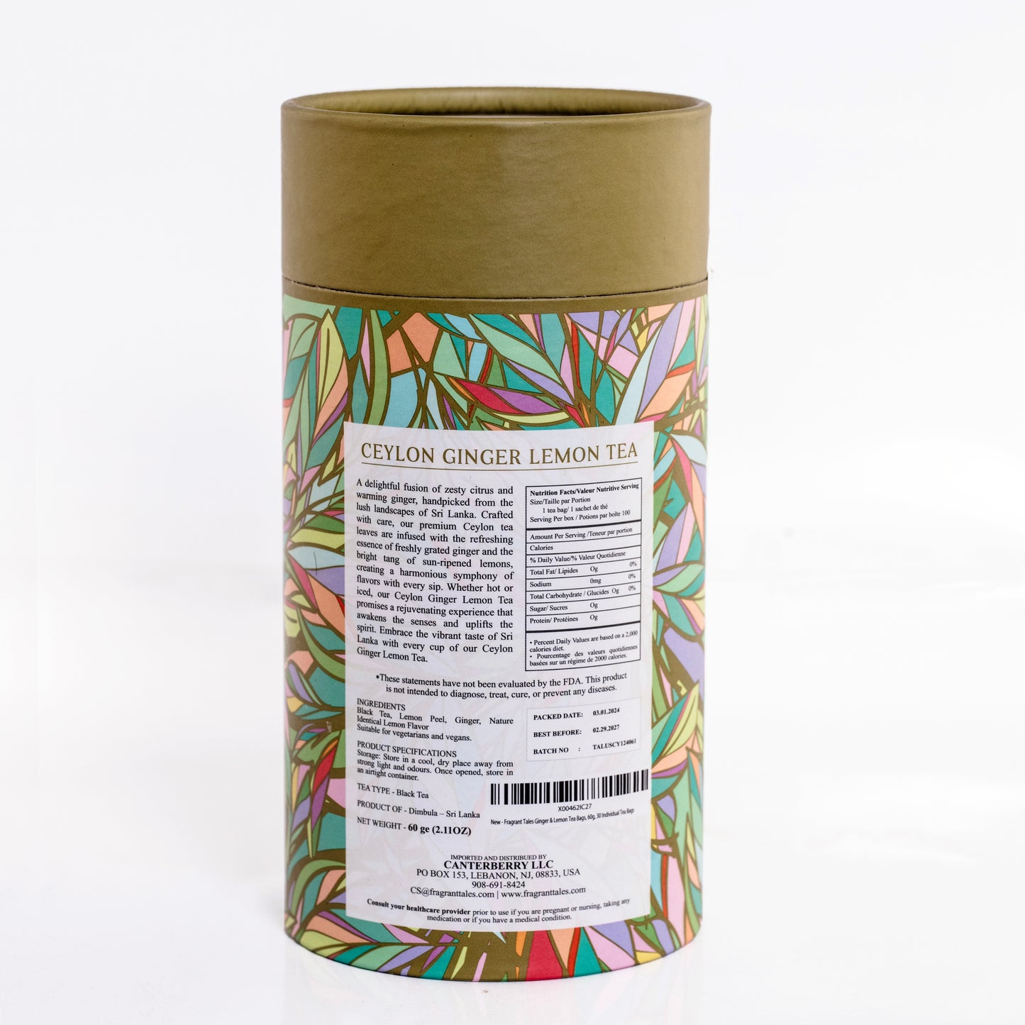 Ceylon Ginger Lemon Black Tea - 30 Pyramid Bags | Fragrant Tales Exquisite Blend of Bold Premium Ceylon Tea with Juicy Ginger Lemon Flavor, 60g