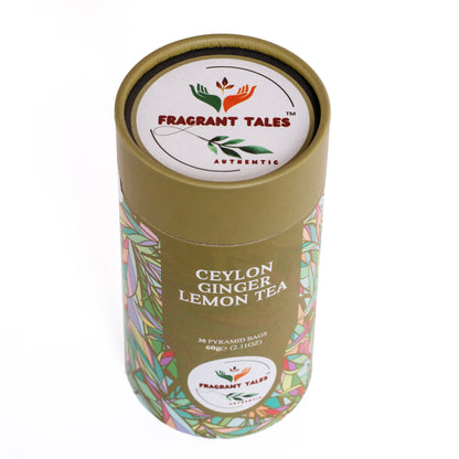 Ceylon Ginger Lemon Black Tea - 30 Pyramid Bags | Fragrant Tales Exquisite Blend of Bold Premium Ceylon Tea with Juicy Ginger Lemon Flavor, 60g