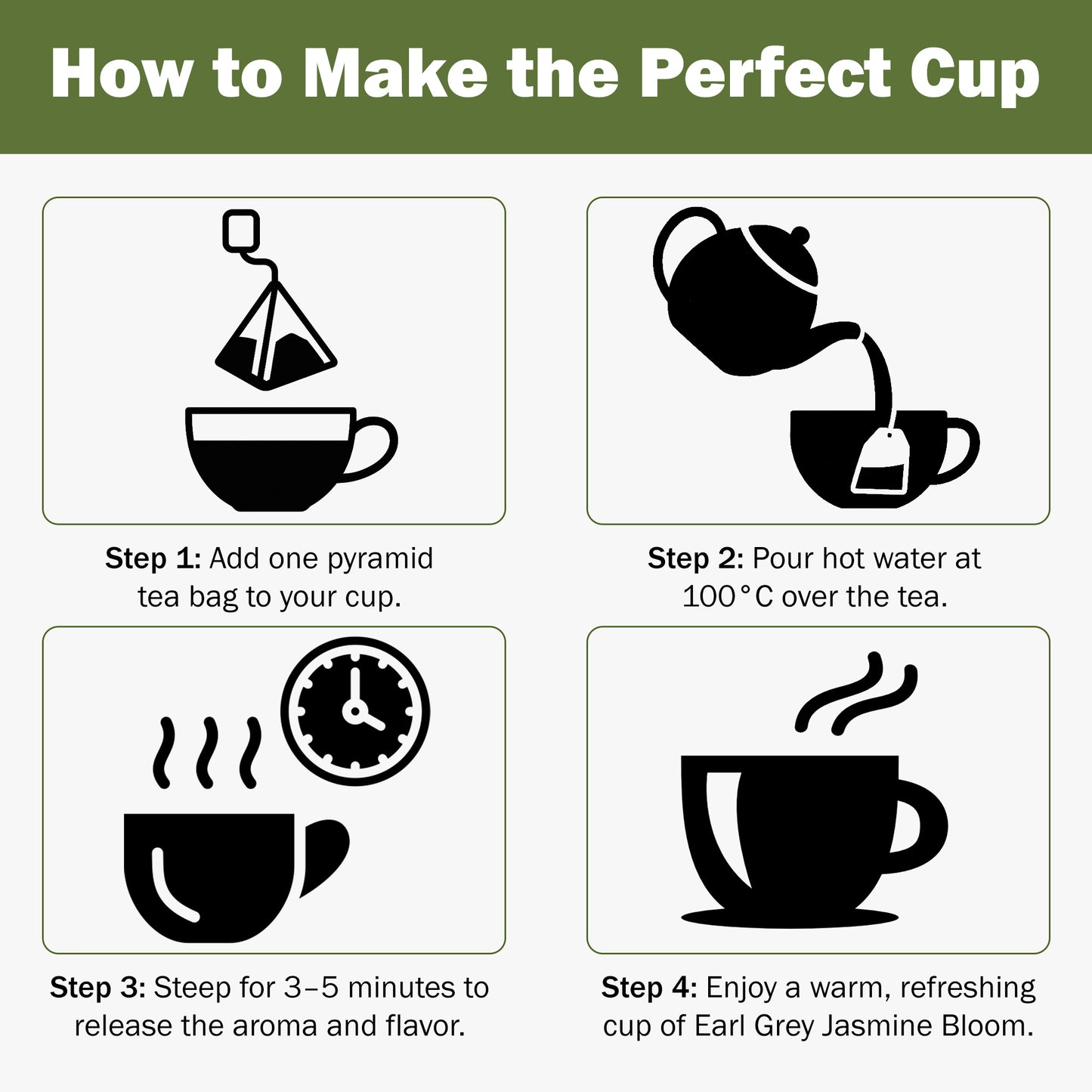 Step-by-step guide on how to make the perfect cup of tea with icons and text.