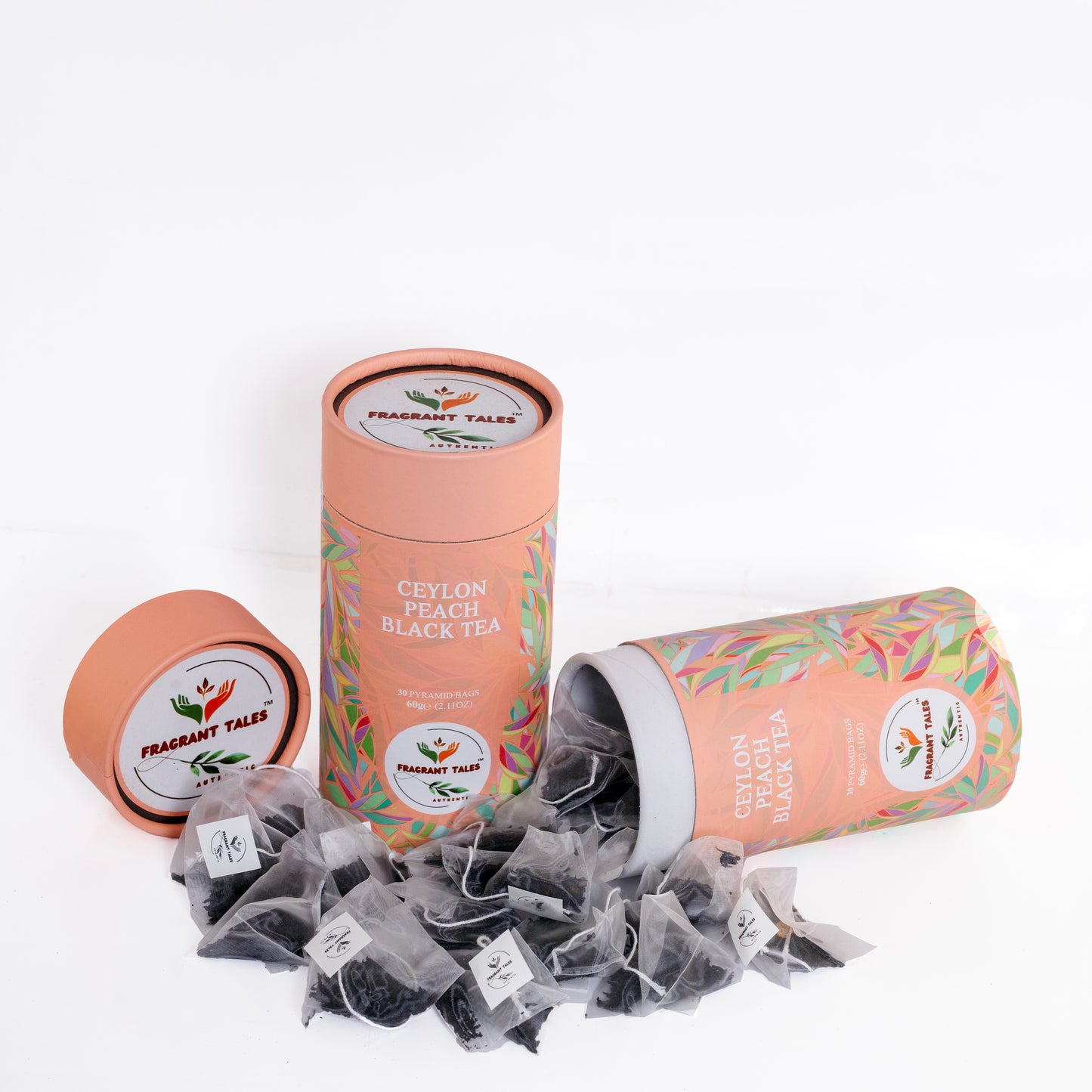 Ceylon Peach Black Tea - 30 Pyramid Bags | Fragrant Tales Exquisite Blend of Bold Premium Bold Ceylon Tea with Juicy Peach Flavor, 60g